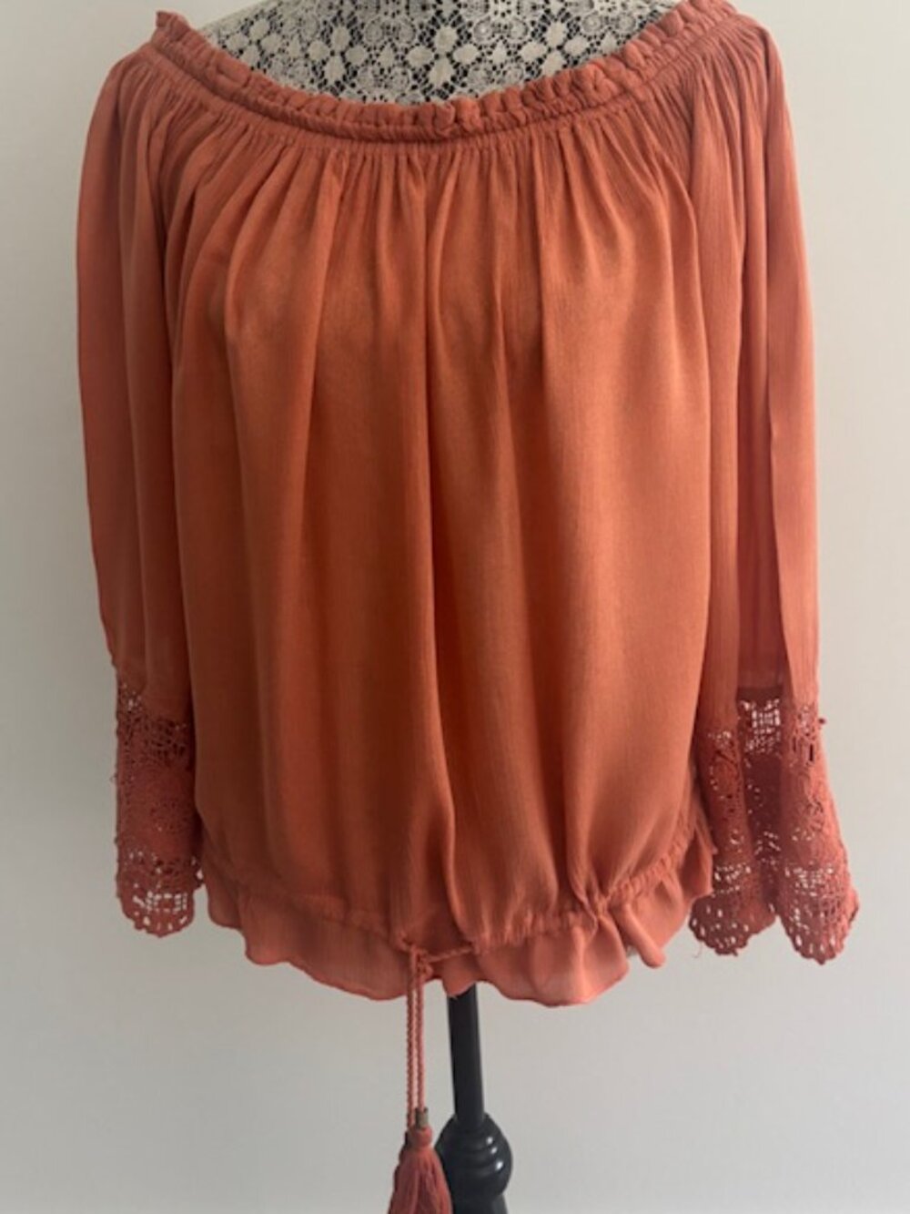 O'Neill Burnt Orange 3/4 Sleeve Boho Peasant Top - Medium